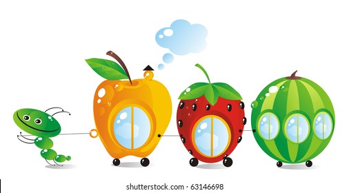 The child-caterpillar pulls a fruit-berry train