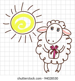 Childe drawing greeting card with cute sheep