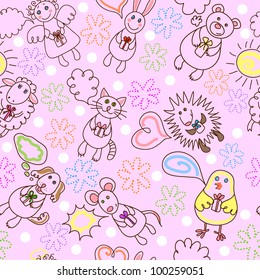 Childe drawing seamless pattern with cute aimals and angel