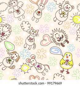 Childe drawing seamless pattern with cute aimals and angel