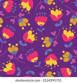 Childens floral pattern. Cute flat kids style with flowers and leaves. Colorful background