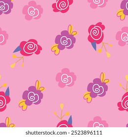 Childens floral pattern. Vector big rose pattern hand drawn with flowers and leaves. Girlish print.