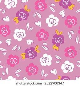 Childens floral pattern. Vector rose pattern in doodle style with flowers and leaves.