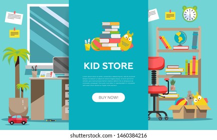 Childen's goods shop landing page in flat cartoon style. Kids game, books, interior items and school supplies. Children fun play colorful boy room interior background vector illustration
