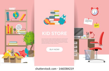 Childen's goods shop landing page in flat cartoon style. Kids game teddy bear,interior items and school supplies. Children fun activity play colorful girl room interior background vector illustration