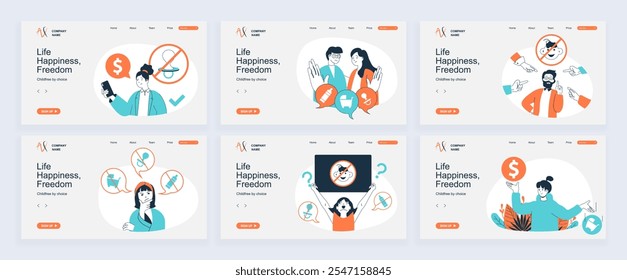 Childfree by choice concept of landing page with slide templates set in flat design. Website headers with people make decision not to have kids, save finance, denied parenthood. Vector illustrations.