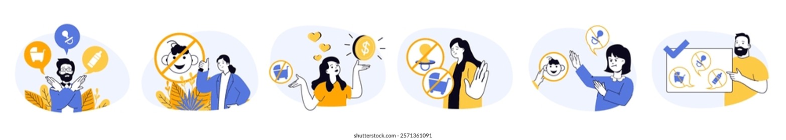 Childfree by choice concept set in flat web design. Collection with people make decision not to have children and develop career, thinking lifestyle options. Vector illustrations on white background.