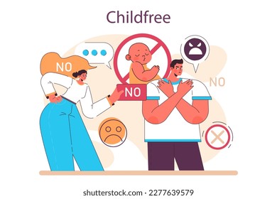 Childfree ideology. Character chooses to not have a baby. Aging society and low birth rate in developed countries idea. Low natality rate. Flat vector illustration