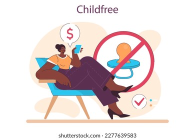 Childfree ideology. Character chooses to not have a baby. Aging society and low birth rate in developed countries idea. Low natality rate. Flat vector illustration