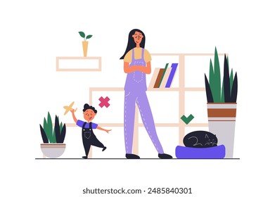 Childfree web concept with people scene in flat design. Childless woman making choose for single live with her cat and decline to having baby. Vector illustration with character situation for web