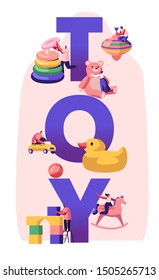 Childhood Activity Concept. Tiny Characters Playing with Huge Baby Toys and Different Playthings for Children on Kindergarten Playground Poster Banner Flyer Brochure. Cartoon Flat Vector Illustration