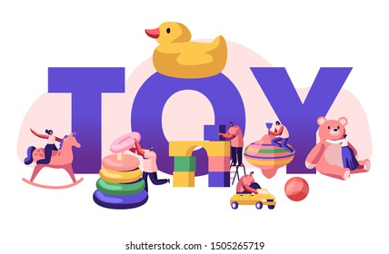 Childhood Activity Concept. Tiny Characters Playing with Huge Baby Toys and Different Playthings for Children on Kindergarten Playground Poster Banner Flyer Brochure. Cartoon Flat Vector Illustration