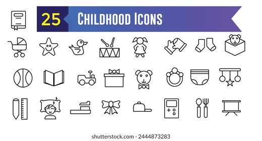 Childhood activity icons set outline vector. Kids development icon for ui design isolated. Outline icon collection. Editable stroke.