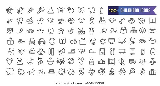 Childhood activity icons set outline vector. Kids development icon for ui design isolated. Outline icon collection. Editable stroke.