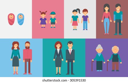 Childhood, Adolescence, Adulthood, Old Age. Generations. People Of Different Ages Vector Illustration For Infographic