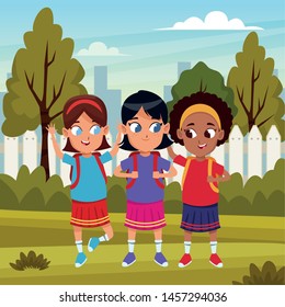 childhood adorable school students cute girls friends wearing backpack cartoon in the city park, nature and urban scenery ,vector illustration graphic design.