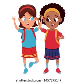 childhood adorable school students cute girls friends wearing backpack cartoon vector illustration graphic design
