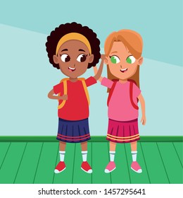 childhood adorable school students cute girls friends wearing backpack cartoon ,vector illustration graphic design.