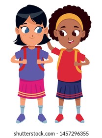 childhood adorable school students cute girls friends wearing backpack cartoon vector illustration graphic design