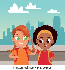 childhood adorable school students cute girls friends wearing backpack cartoon in the city urban scenery background vector illustration graphic design.