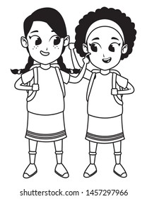 childhood adorable school students cute girls friends wearing backpack cartoon vector illustration graphic design