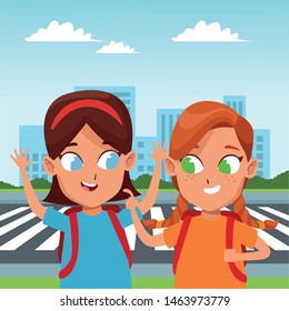 childhood adorable school students cute girls friends wearing backpack cartoon in the city urban scenery background vector illustration graphic design.