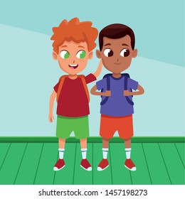 childhood adorable school students happy boys friends wearing backpack cartoon ,vector illustration graphic design.