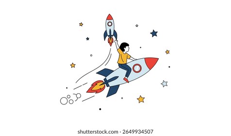 Childhood adventure kids riding rockets through starry space exploring new worlds