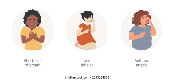 Childhood asthma isolated cartoon vector illustration set. Shortness of breath, asthma symptom, child with open mouth, kid use inhaler, asthma attack, childhood health problem vector cartoon.