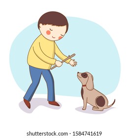 Childhood. A boy with a dog playing. Vector