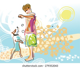 Childhood. Boy playing with a dog. vector