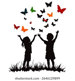 Infância e borboletas. Harmonia da natureza e alegria. As crianças estão gostando do voo das borboletas coloridas. Borboletas pairando no ar refletem a liberdade, a inspiração e a facilidade da infância