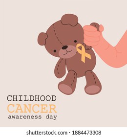 Childhood cancer awareness. Baby hand holding toy bear with yellow ribbon as a symbol of cancer fight. Vector illustration with lettering