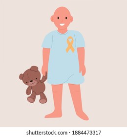 Childhood cancer awareness. Bald girl with cancer holding toy bear. Yellow ribbon as a symbol of cancer fight. Vector illustration 