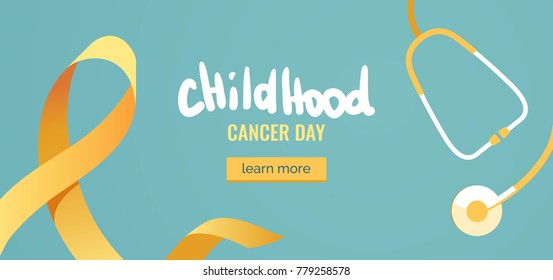 Childhood cancer awareness banner with stethoscope on blue background with yellow ribbon symbol. Vector flat illustration