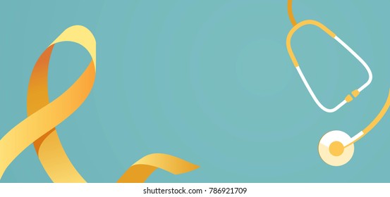 Childhood cancer awareness banner with stethoscope on blue background with yellow ribbon symbol. Vector flat illustration