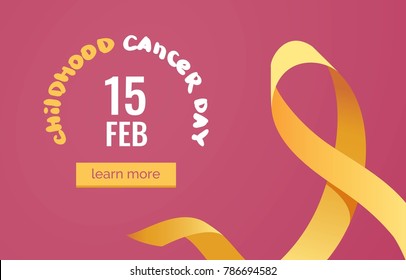 Childhood cancer awareness banner with yellow ribbon symbol on pink background . Vector flat illustration
