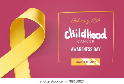 Childhood cancer awareness banner with yellow ribbon symbol on pink background. Vector illustration