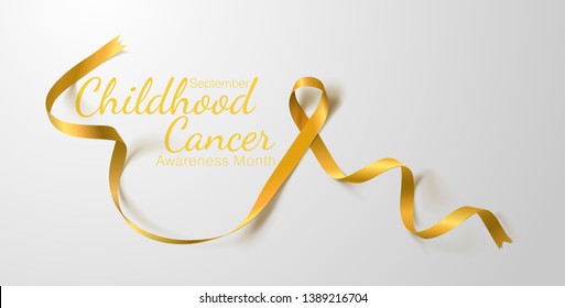 Childhood Cancer Awareness Calligraphy Poster Design. Realistic Gold Ribbon. September is Cancer Awareness Month. Vector