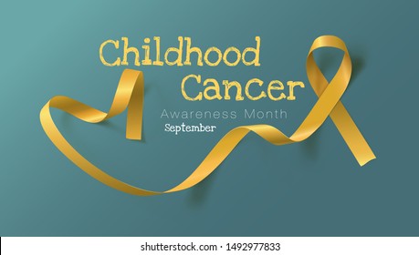 Childhood Cancer Awareness Calligraphy Poster Design. Realistic Gold Ribbon. September is Cancer Awareness Month. Vector Illustration