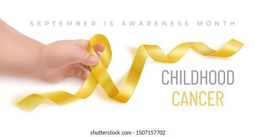 Childhood cancer awareness gold ribbon on baby hand on a white background. Gold ribbon symbolic concept raising campaign support help childhood cancer awareness