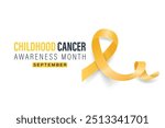 Childhood Cancer Awareness Month Banner, September. Card or Placard with Realistic 3D Vector Gold Yellow Ribbon on White Background. Childhood Cancer Awareness Symbol. World Childhood Cancer Day