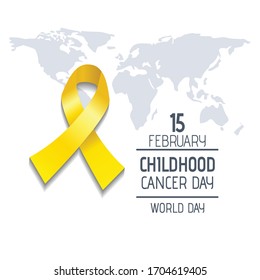 Childhood cancer awareness month card. World Childhood cancer day. World map and yellow ribbon. Vector illustration.