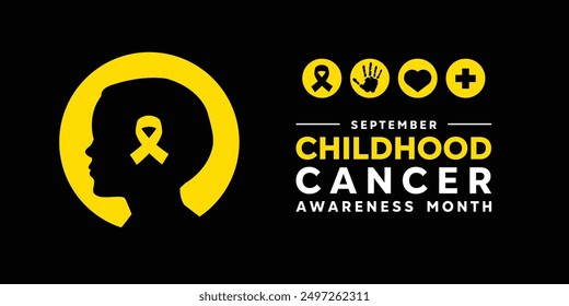 Childhood Cancer Awareness Month. Children, ribbon, hand, heart and plus icon. Great for cards, banners, posters, social media and more. Black background.