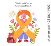 Childhood Cancer Awareness Month concept. Illustration showing support for young cancer fighters with symbolic gold ribbon. Hopeful child, inspirational setting. Vector illustration.