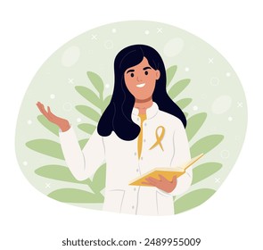 Childhood Cancer Awareness Month. A doctor in a white uniform with an awareness ribbon.