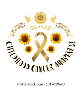 Childhood cancer awareness month, golden ribbon, sunflower, bird with lettering on white background.