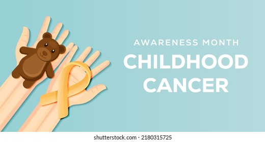 Childhood cancer awareness month illustration with hands holding yellow ribbon and teddy bear