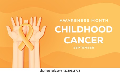 Childhood cancer awareness month illustration background with hands and yellow ribbon