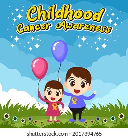 childhood cancer awareness month poster with 2 kids hold a balloon with yellow ribbong on her chest